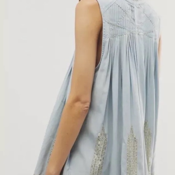 Free People Love All Mini Dress Floral Embroidery Silver Pleated Wash Blue - Picture 4 of 6